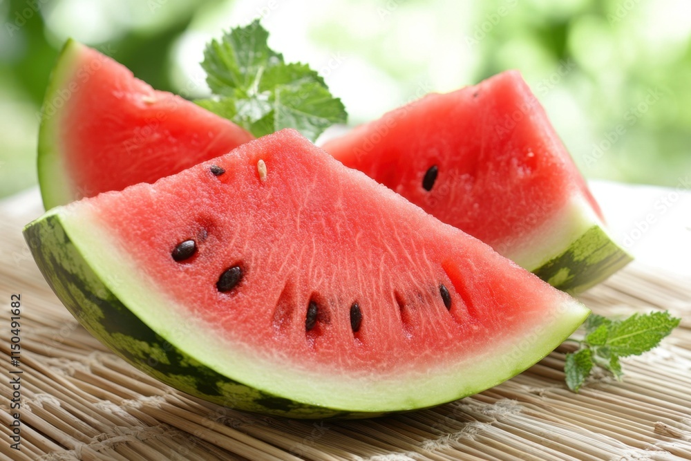Freshly sliced watermelon pieces with vibrant red flesh and green rind on a bamboo mat Freshly sliced watermelon pieces with vibrant red flesh and green rind on a bamboo mat
