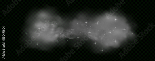 Mystery dark background with glowing particles, stardust, and glittering stars, creating a colorful, ethereal fog. Vector illustration with vibrant, multicolored steam and vapor.