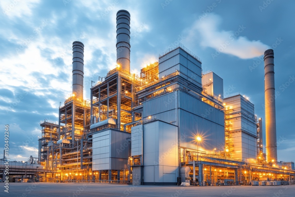 Extensive View of a Factory Complex Under Dramatic Lighting with Multiple Smokestacks Against a Gloomy Cloud-Filled Sky in High Resolution Extensive View of a Factory Complex Under Dramatic Lighting with Multiple Smokestacks Against a Gloomy Cloud-Filled Sky in High Resolution