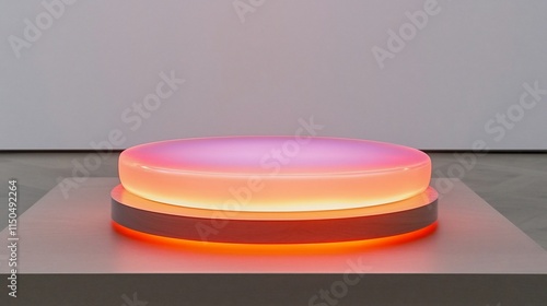 Illuminated glass sculpture on pedestal.