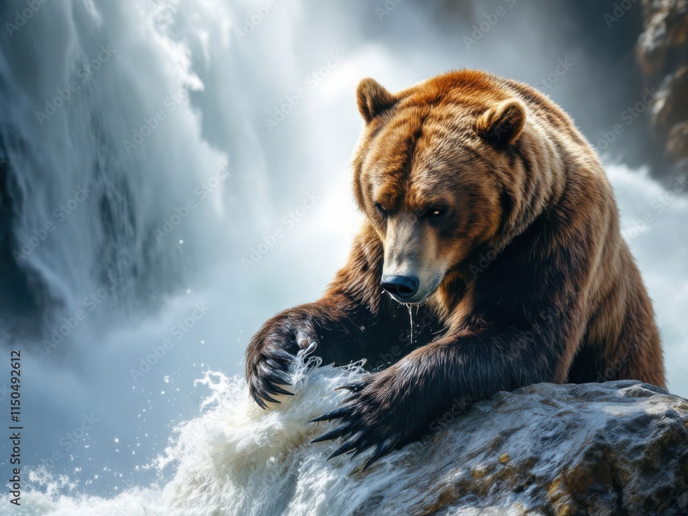 Majestic Grizzly Bear Catching Fish in Waterfall Majestic Grizzly Bear Catching Fish in Waterfall