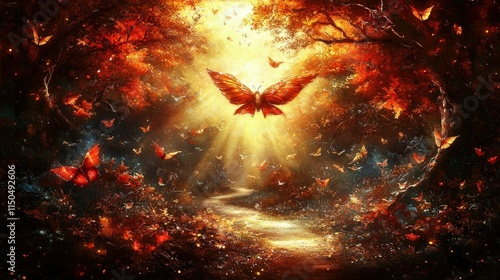 Enchanted forest with vibrant butterflies and warm light.