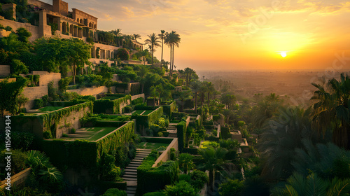 A majestic view of the Hanging Gardens of Babylon lush greenery cascading from tiered terraces under a golden sunset.