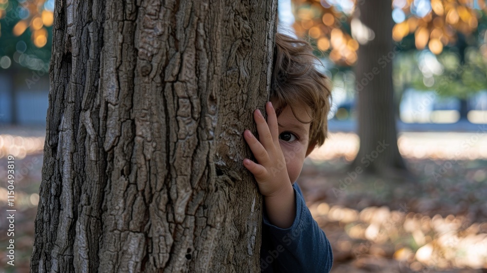 A boy hides playfully behind a tree, taking a break from hide-and-seek outdoors in the park A boy hides playfully behind a tree, taking a break from hide-and-seek outdoors in the park