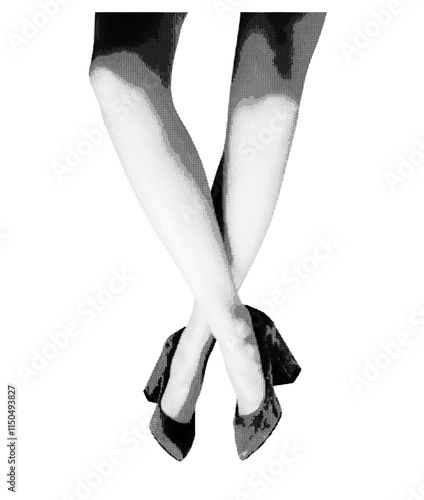 Stylish pointed toe suede heels for women. Modern, trendy footwear, slender legs in a retro, vintage grayscale style with halftone and dotted texture. Vector illustration isolated
