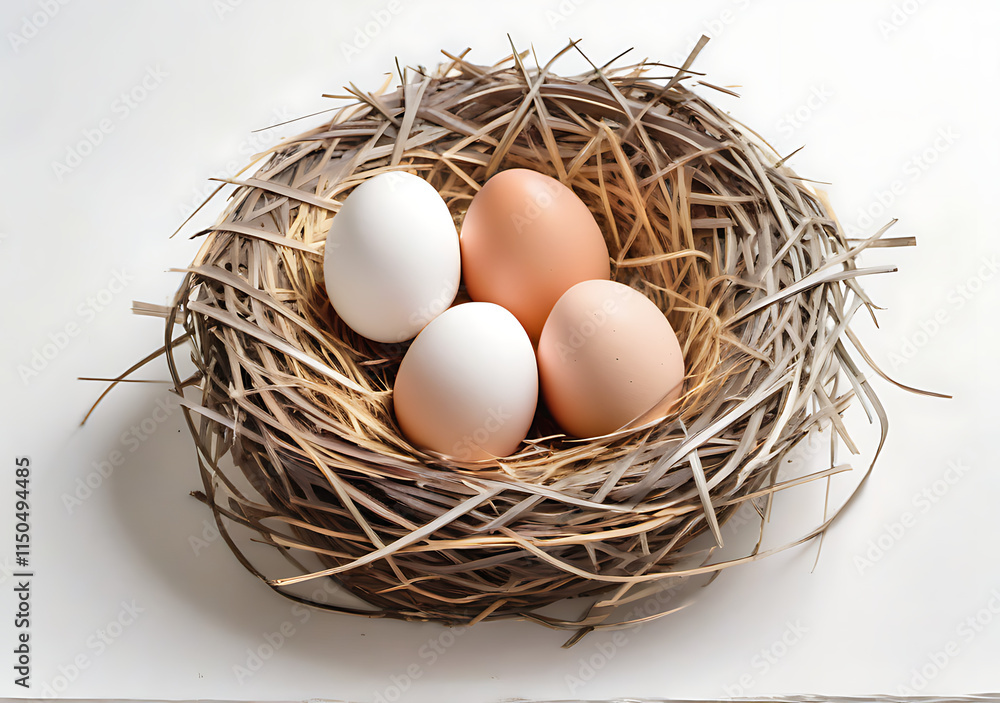 Eggs In A Straw Nest Sit On A White Table With Empty Space Around Them. Eggs In A Straw Nest Sit On A White Table With Empty Space Around Them.