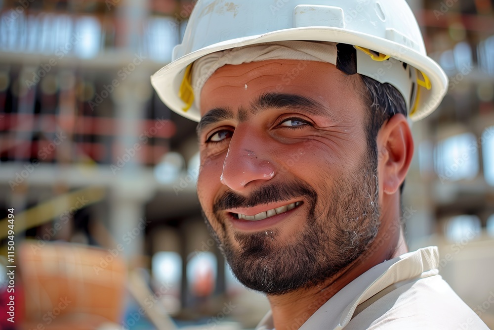 A smiling construction worker wearing a hard hat on a busy job site, showcasing dedication and professionalism. A smiling construction worker wearing a hard hat on a busy job site, showcasing dedication and professionalism.