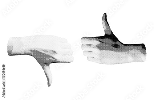 Thumbs up and thumbs down signs, symbolizing positive and negative opinions or votes. Retro, vintage grayscale design with halftone and dotted texture Vector illustration isolated