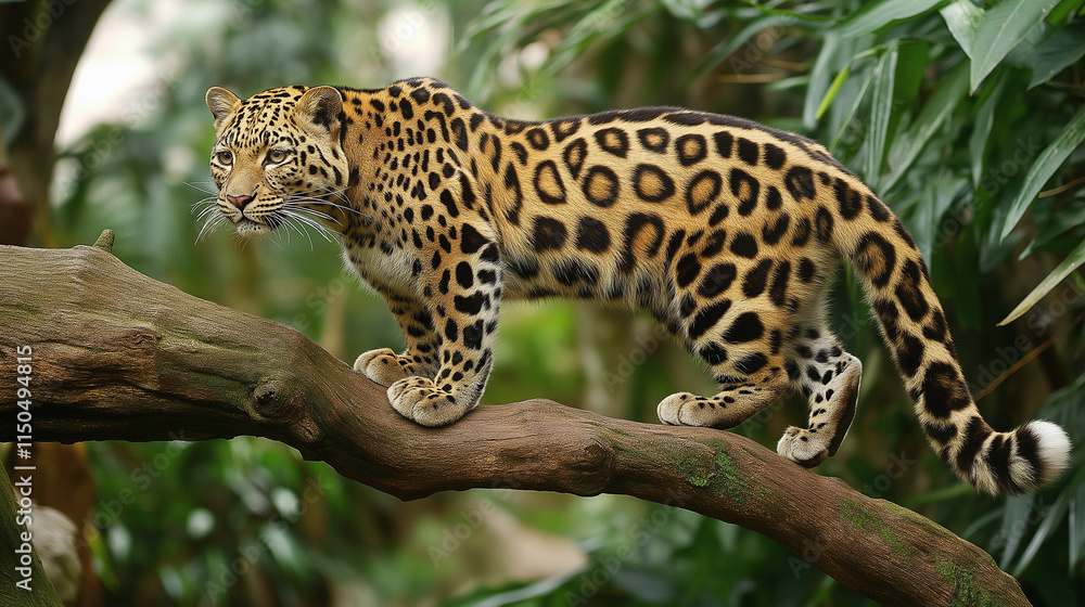 Leopard walking gracefully on a branch surrounded by lush greenery Leopard walking gracefully on a branch surrounded by lush greenery