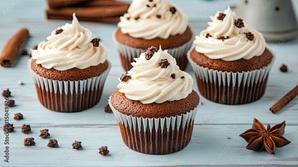 Delicious cupcakes decorated with cream on light blue wooden table Delicious cupcakes decorated with cream on light blue wooden table