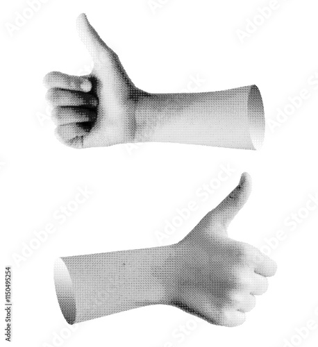 Thumbs up symbol, representing a positive vote or approval. Retro, vintage grayscale design with halftone and dotted texture. Vector illustration isolated on white background.