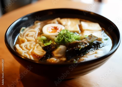 Vegan ramen served in a bowl with tofu and miso broth, high-quality food image, overhead view showcasing fresh ingredients and appealing presentation.