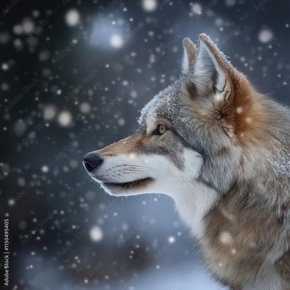 Obraz premium Profile of a wolf adorned with snowflakes, gazing thoughtfully in a snowy environment