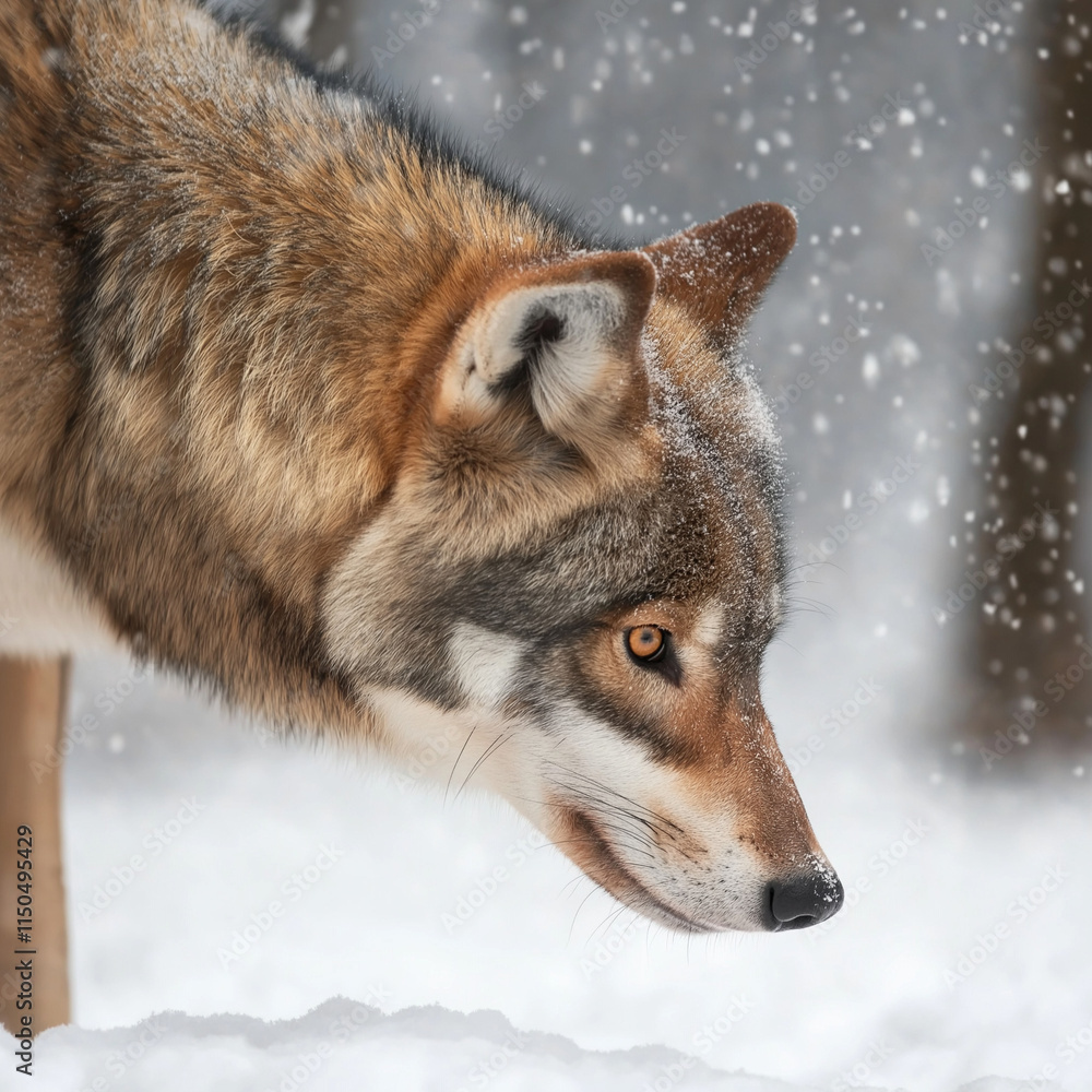 Fototapeta premium Wolf intensely focused on the snow-covered ground, highlighted by falling snowflakes