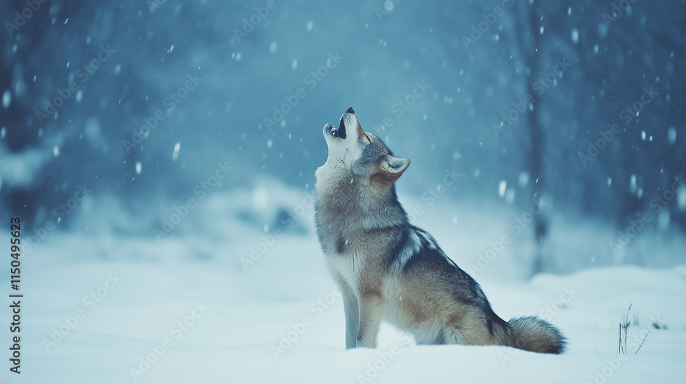 Naklejka premium Wolf howling in a snowy landscape, surrounded by frost-covered vegetation