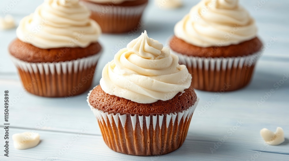 Delicious cupcakes decorated with cream on light blue wooden table Delicious cupcakes decorated with cream on light blue wooden table