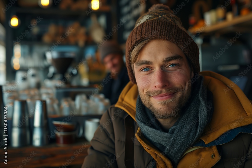 Obraz premium A smiling man in a cozy cafe setting, exuding warmth and happiness while enjoying his surroundings.