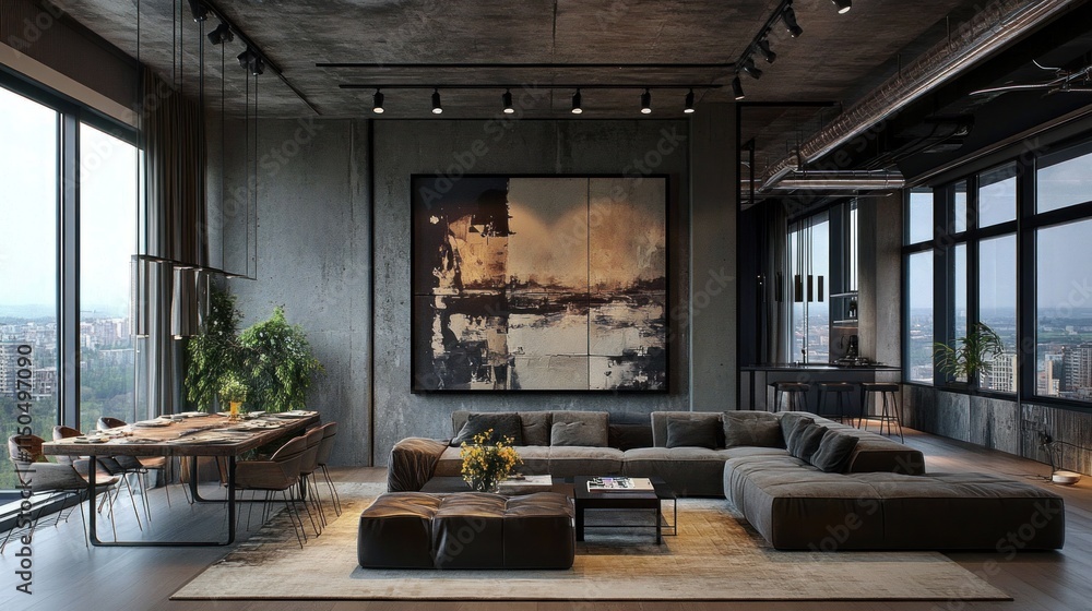 Modern industrial loft apartment interior with city view. Modern industrial loft apartment interior with city view.