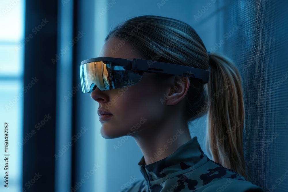 Futuristic Woman in Virtual Reality Glasses with Holographic Reflections on Her Face, Captured in Cinematic Lighting Showcasing Advanced Technology in a Digital Environment Futuristic Woman in Virtual Reality Glasses with Holographic Reflections on Her Face, Captured in Cinematic Lighting Showcasing Advanced Technology in a Digital Environment