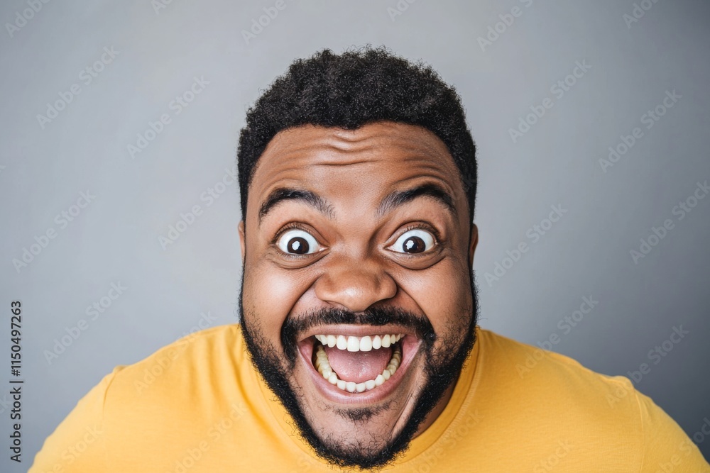 Excited man with joyful expression showcases happiness and enthusiasm in vibrant yellow shirt Excited man with joyful expression showcases happiness and enthusiasm in vibrant yellow shirt