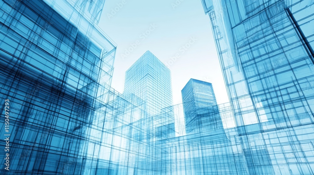 A modern cityscape with transparent, blue-tinted skyscrapers against a light background. A modern cityscape with transparent, blue-tinted skyscrapers against a light background.