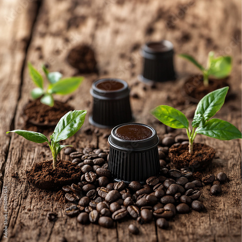 Close up of coffee capsules and beans on wooden table generated.AI