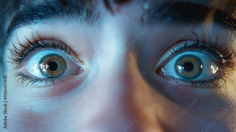 Close-up of expressive human eyes reflecting curiosity and wonder in soft lighting Close-up of expressive human eyes reflecting curiosity and wonder in soft lighting