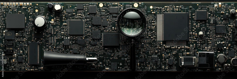 Fototapeta premium Close-up of a circuit board with magnifying glass.