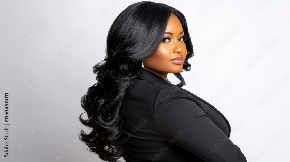Fototapeta premium Elegant woman poses with long, flowing black hair in a black blazer against a plain background