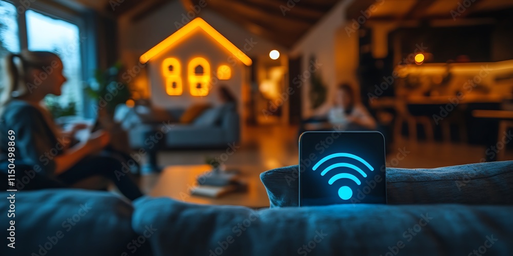 Obraz premium Interior of AI-augmented reality smart home, Modern smart home components management system, Generative AI