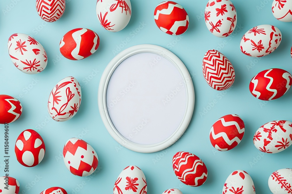 Easter background with oval frame and blank sheet of red and white Easter eggs on blue background. Easter background with oval frame and blank sheet of red and white Easter eggs on blue background.