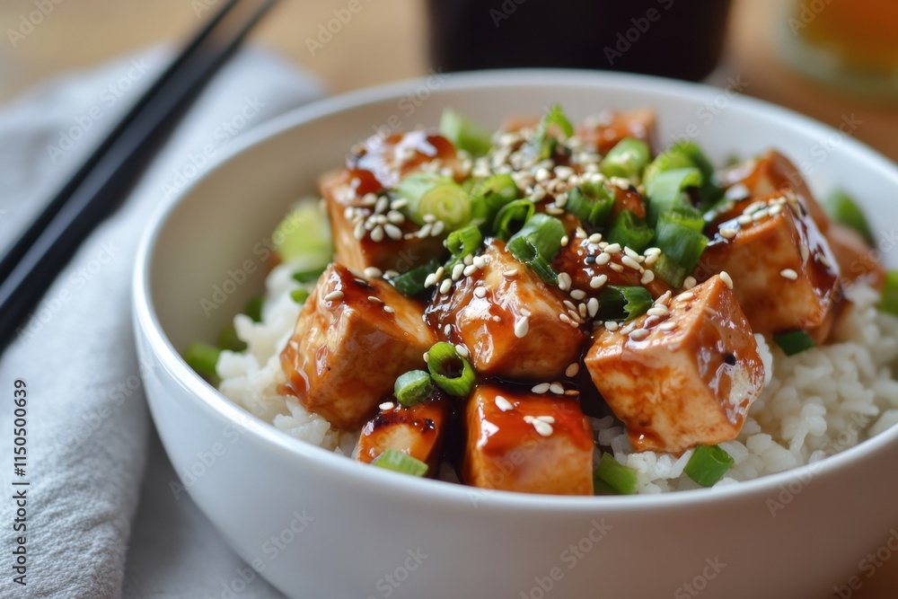 Delicious tofu bowl with rice and sesame sauce garnished with green onions Delicious tofu bowl with rice and sesame sauce garnished with green onions