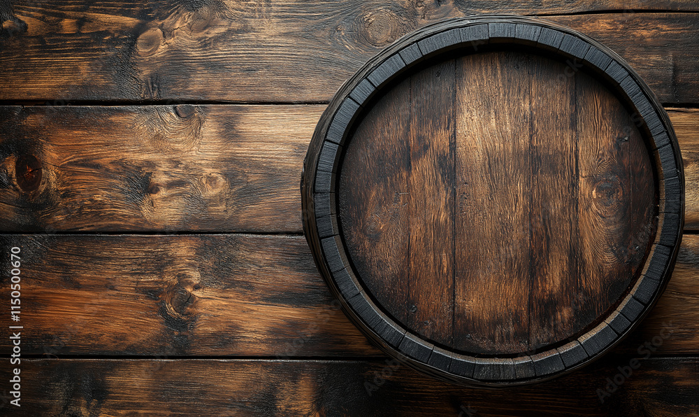 Dark wooden background with an old barrel on the wall Dark wooden background with an old barrel on the wall