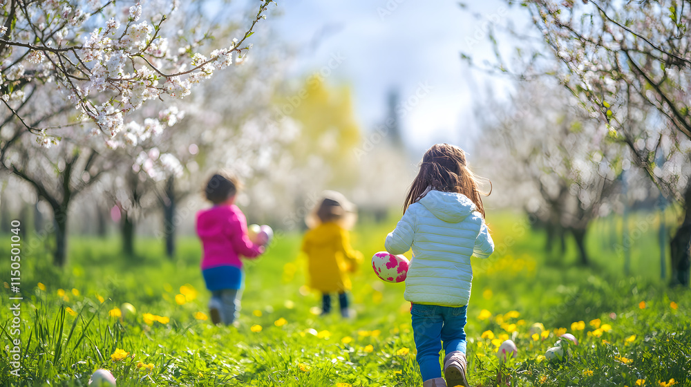 Fototapeta premium A colorful Easter egg hunt in a flower-filled orchard with children searching among blooming trees.