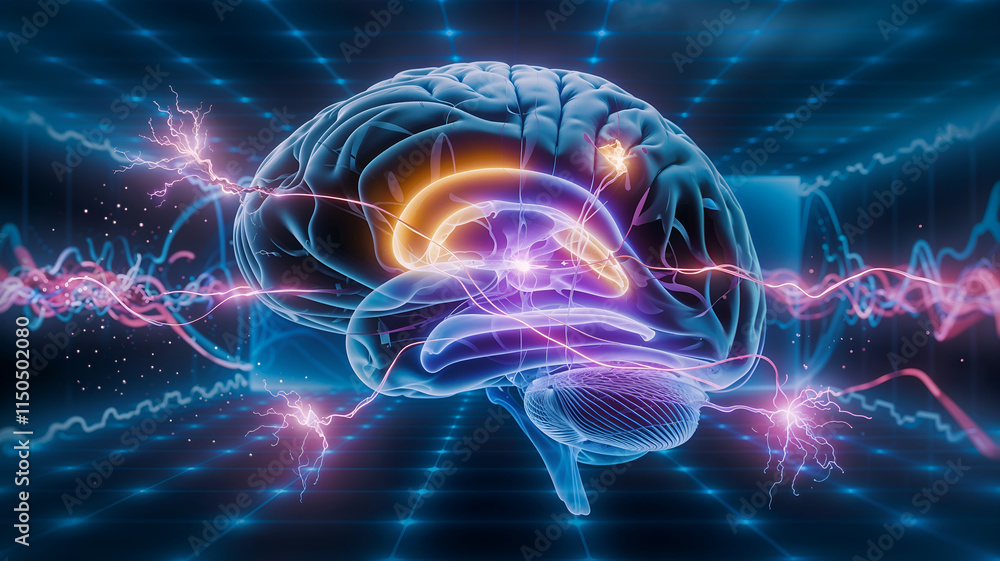 An engaging visualization of a brain featuring dynamic glowing connections, illustrating the intricate network of neurons and synapses. This artwork represents the intersection of neuroscience tech. An engaging visualization of a brain featuring dynamic glowing connections, illustrating the intricate network of neurons and synapses. This artwork represents the intersection of neuroscience tech.