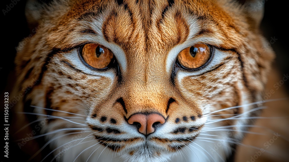 Fototapeta premium Close-up of a lynx's face, intense gaze, orange eyes, detailed fur patterns.