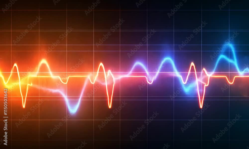 Abstract digital heartbeat EKG wave with vibrant red and blue energy pulses. Abstract digital heartbeat EKG wave with vibrant red and blue energy pulses.