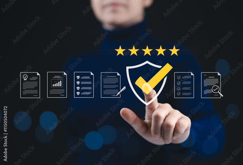 Quality Assurance and Certification Compliance Concept. Woman touching standard quality control certificate assurance guarantee for automation process. quality control management, Audit Documentation, Quality Assurance and Certification Compliance Concept. Woman touching standard quality control certificate assurance guarantee for automation process. quality control management, Audit Documentation,
