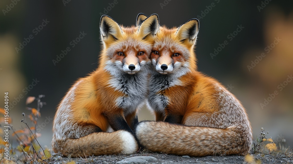 Fototapeta premium Adorable pair of red foxes in natural autumn habitat
