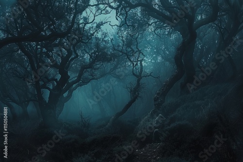 Wallpaper Mural A dark forest with trees and a person walking through it Torontodigital.ca