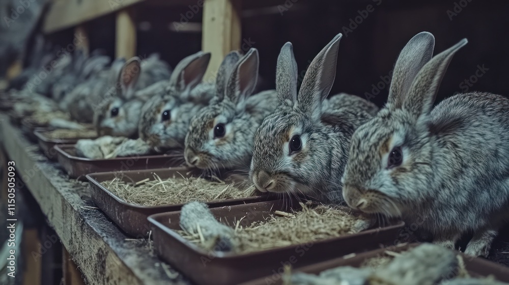 Obraz premium Grey rabbits eating hay in cages.