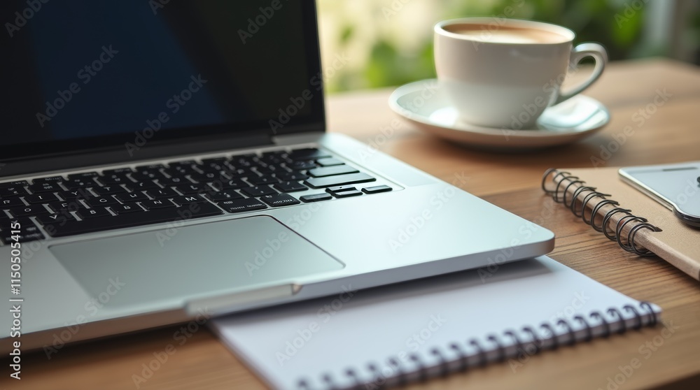 Productive Home Office Workspace with Laptop, Coffee, and Digital Notepad Productive Home Office Workspace with Laptop, Coffee, and Digital Notepad