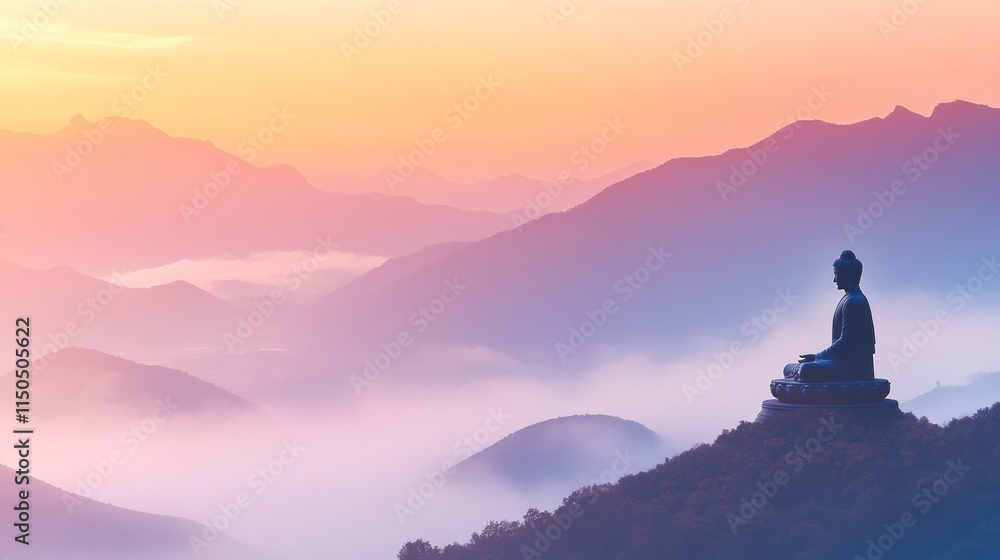 Serene Buddha statue overlooking misty mountain range at sunrise.