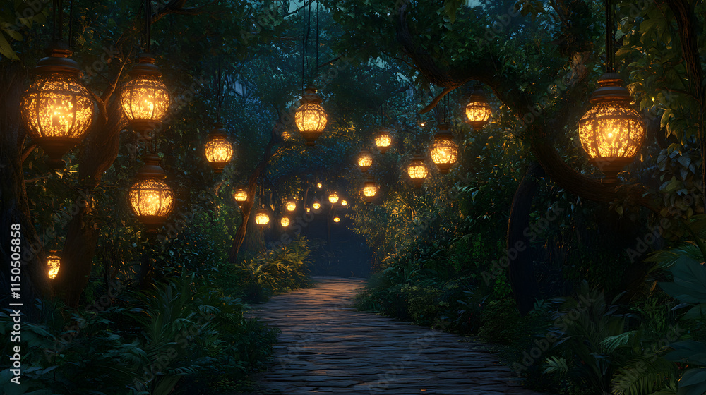 A mystical twilight depiction of the Hanging Gardens of Babylon with glowing lanterns lighting pathways through lush foliage. A mystical twilight depiction of the Hanging Gardens of Babylon with glowing lanterns lighting pathways through lush foliage.