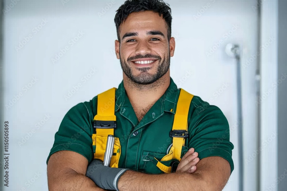Smiling technician with yellow overalls poses confidently in a modern work environment Smiling technician with yellow overalls poses confidently in a modern work environment