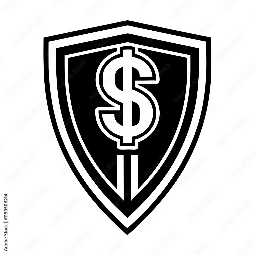 Minimalist Modern Geometric Shield Logo with Dollar Sign, Navy Blue, Silver, and White Line Art Minimalist Modern Geometric Shield Logo with Dollar Sign, Navy Blue, Silver, and White Line Art