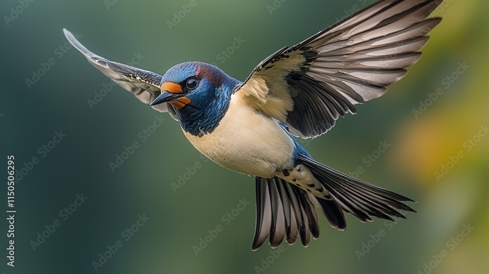 Fototapeta premium Vibrant swallow in mid-flight against lush greenery