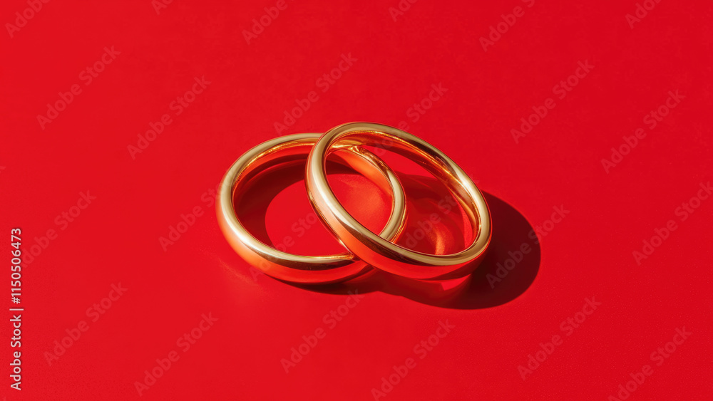 Pair of gold wedding rings with intricate design on a vibrant red background Pair of gold wedding rings with intricate design on a vibrant red background