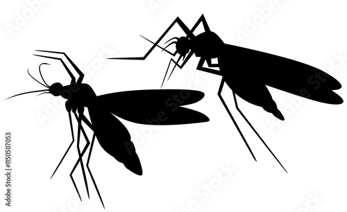 Black silhouettes of mosquito in different poses isolated on white background. Insect. Walks, flies, died. Vector realistic illustrations.Vector silhouettes of Mosquitoes pair, blood sucking insect. "