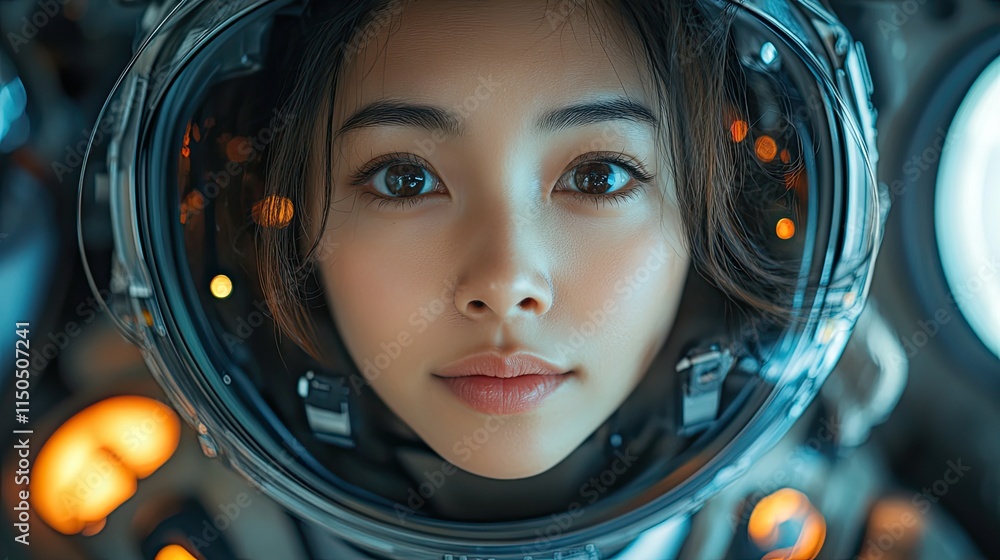 An Asian woman astronaut, wearing a spacesuit and helmet, embarks on a mission to explore the galaxy and conduct research in the cosmos An Asian woman astronaut, wearing a spacesuit and helmet, embarks on a mission to explore the galaxy and conduct research in the cosmos